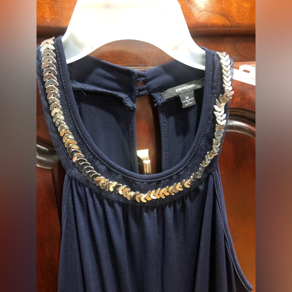 2/$30 Espresso Navy Blue Wide Leg Jumpsuit Sleeveless Halter Neck Dressy Sz M - Picture 4 of 11